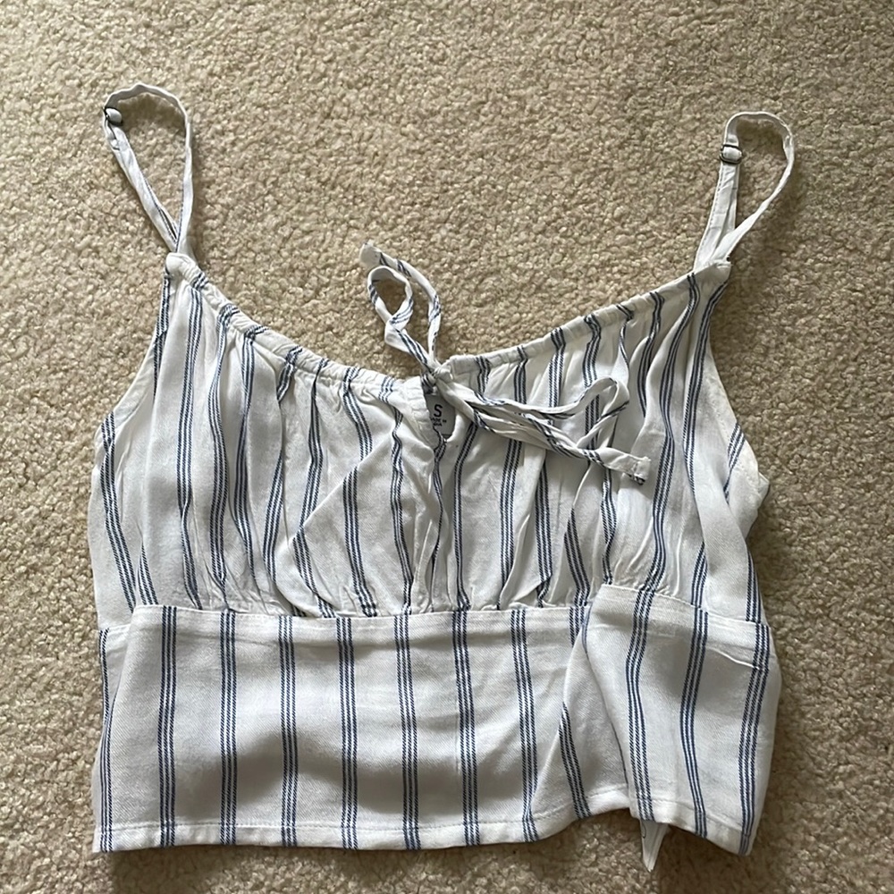 Blue striped tank top with scrunched back and adjustable straps